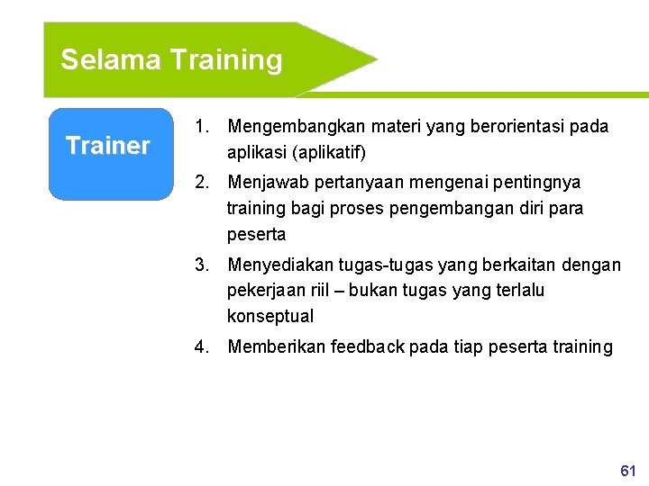 Selama Training Trainer 1. Mengembangkan materi yang berorientasi pada aplikasi (aplikatif) 2. Menjawab pertanyaan