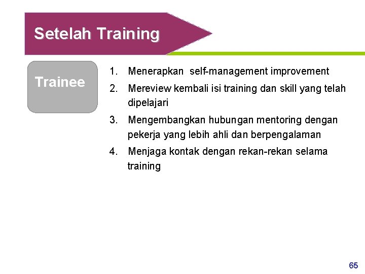 Setelah Training Trainee 1. Menerapkan self-management improvement 2. Mereview kembali isi training dan skill