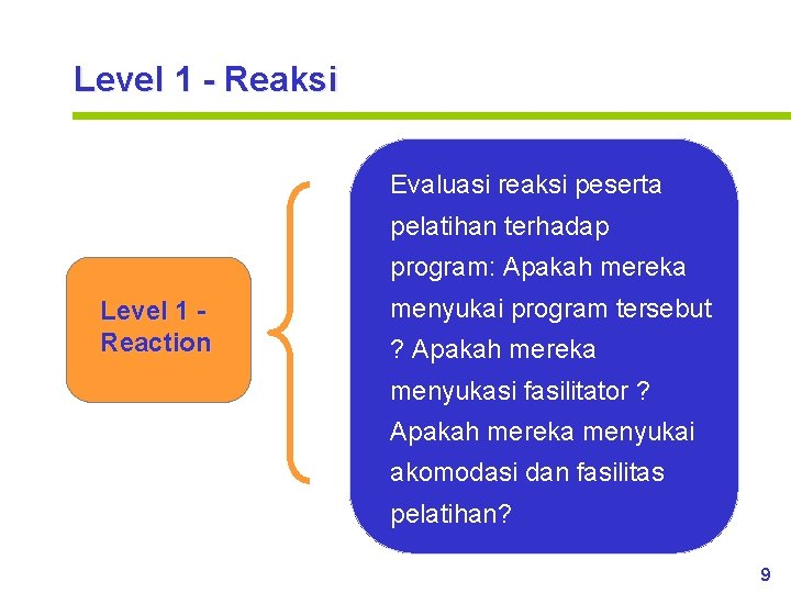 Level 1 - Reaksi Evaluasi reaksi peserta pelatihan terhadap program: Apakah mereka Level 1