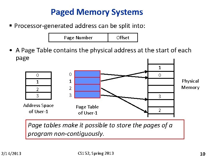 Paged Memory Systems § Processor-generated address can be split into: Page Number Offset •