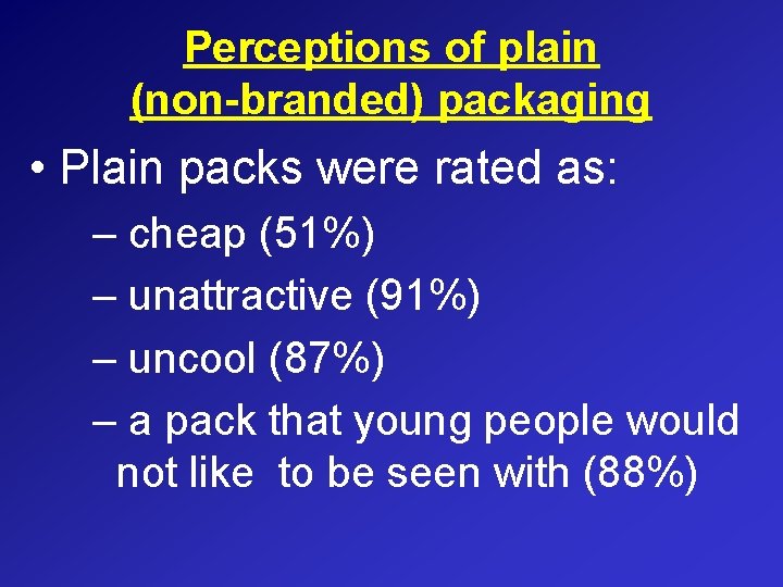 Perceptions of plain (non-branded) packaging • Plain packs were rated as: – cheap (51%)