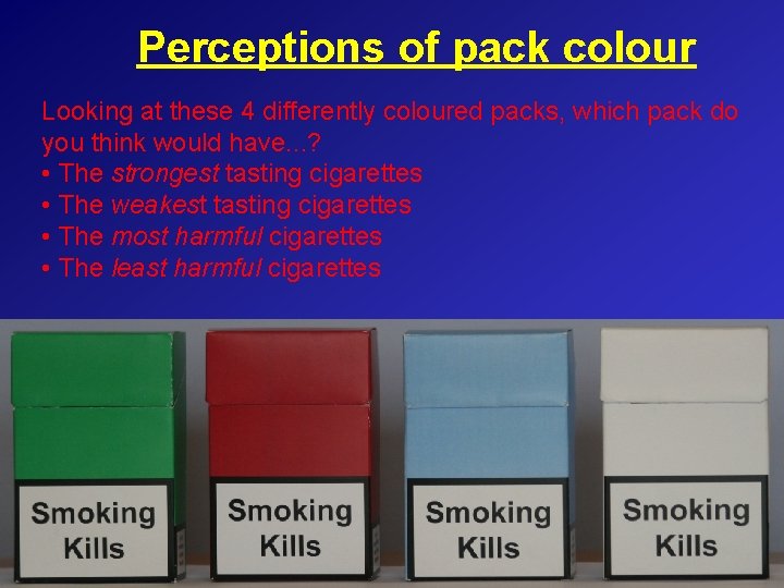 Perceptions of pack colour Looking at these 4 differently coloured packs, which pack do