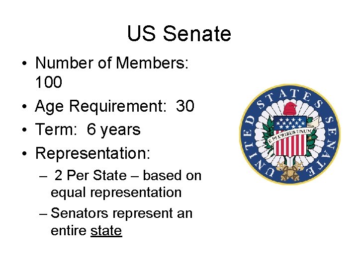 US Senate • Number of Members: 100 • Age Requirement: 30 • Term: 6
