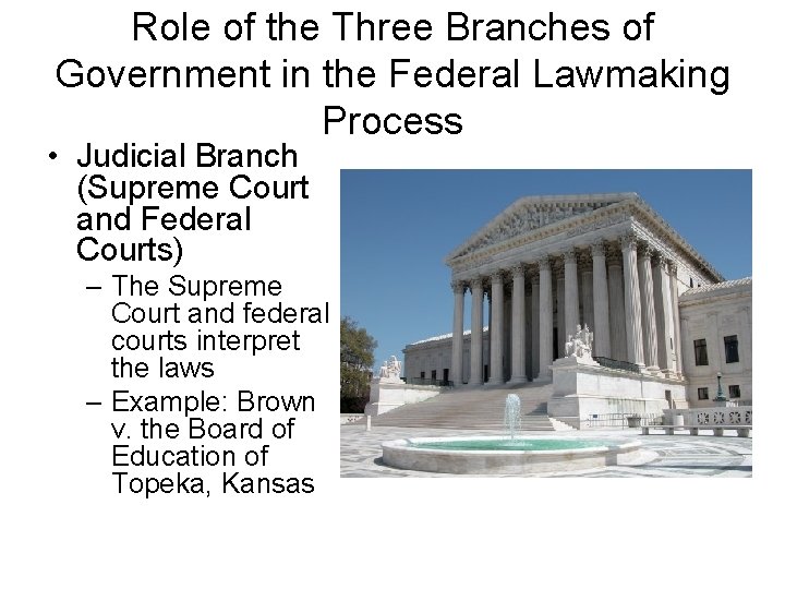 Role of the Three Branches of Government in the Federal Lawmaking Process • Judicial