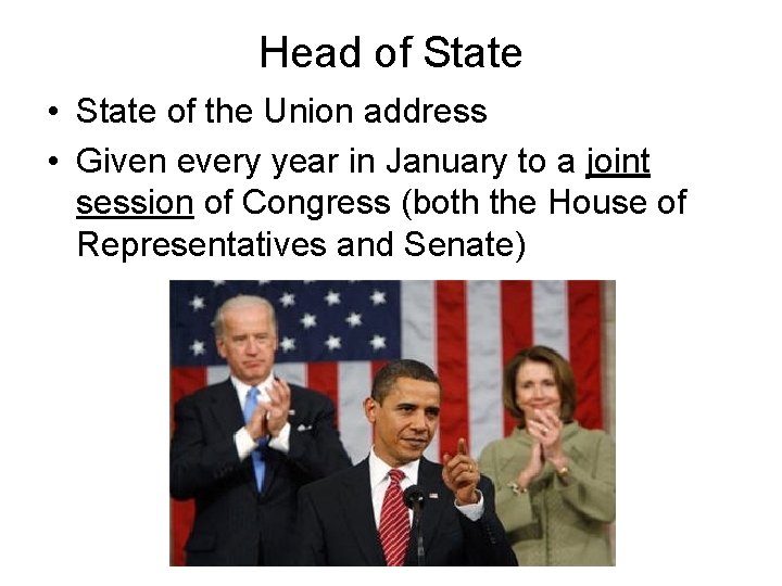 Head of State • State of the Union address • Given every year in