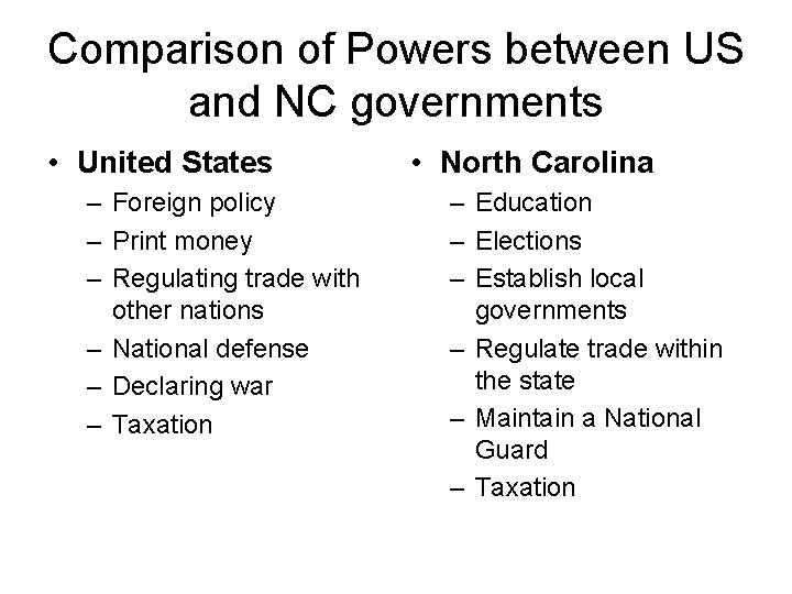 Comparison of Powers between US and NC governments • United States – Foreign policy