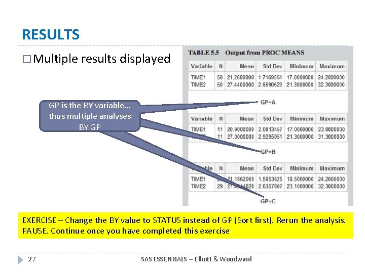 RESULTS � Multiple results displayed GP is the BY variable… thus multiple analyses BY