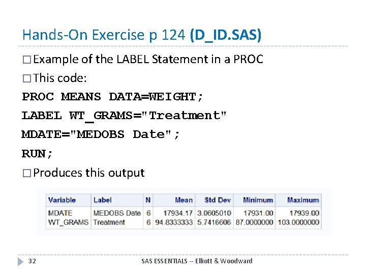 Hands-On Exercise p 124 (D_ID. SAS) � Example of the LABEL Statement in a
