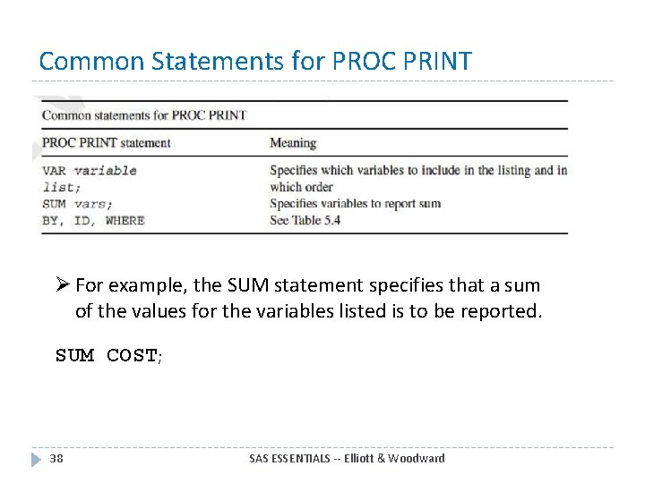 Common Statements for PROC PRINT Ø For example, the SUM statement specifies that a