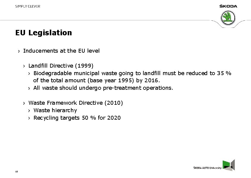 EU Legislation Inducements at the EU level Landfill Directive (1999) Biodegradable municipal waste going EU Legislation Inducements at the EU level Landfill Directive (1999) Biodegradable municipal waste going