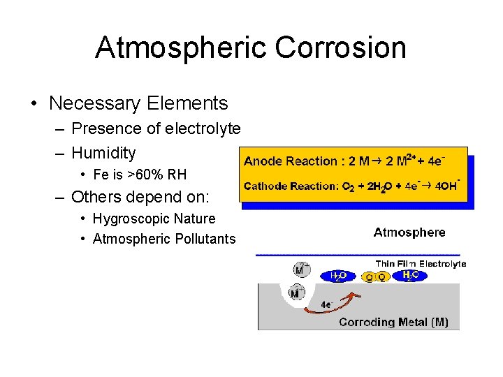 Atmospheric Corrosion • Necessary Elements – Presence of electrolyte – Humidity • Fe is