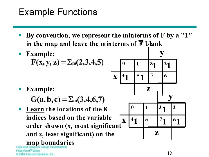 Example Functions § By convention, we represent the minterms of F by a "1"