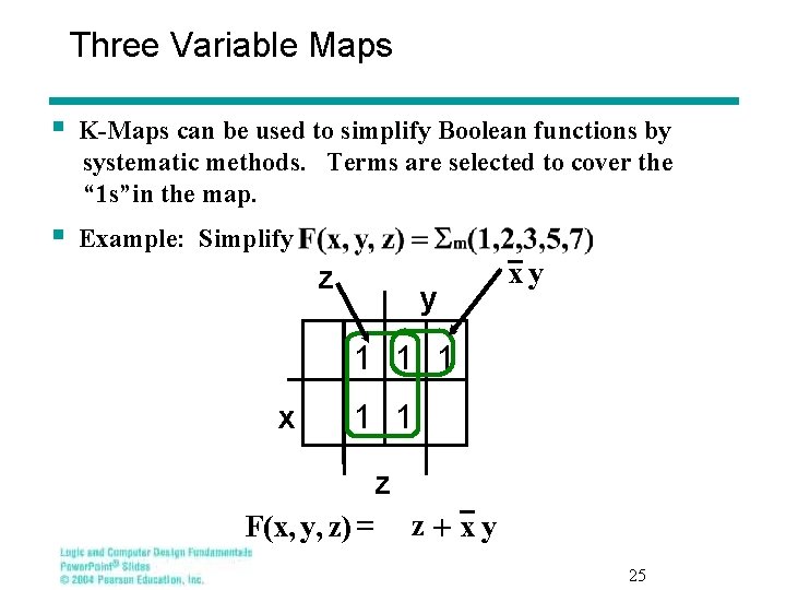 Three Variable Maps § K-Maps can be used to simplify Boolean functions by systematic