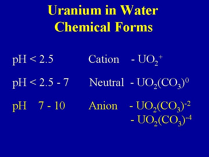 Uranium in Water Chemical Forms p. H < 2. 5 Cation p. H <