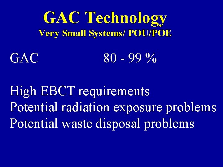 GAC Technology Very Small Systems/ POU/POE GAC 80 - 99 % High EBCT requirements