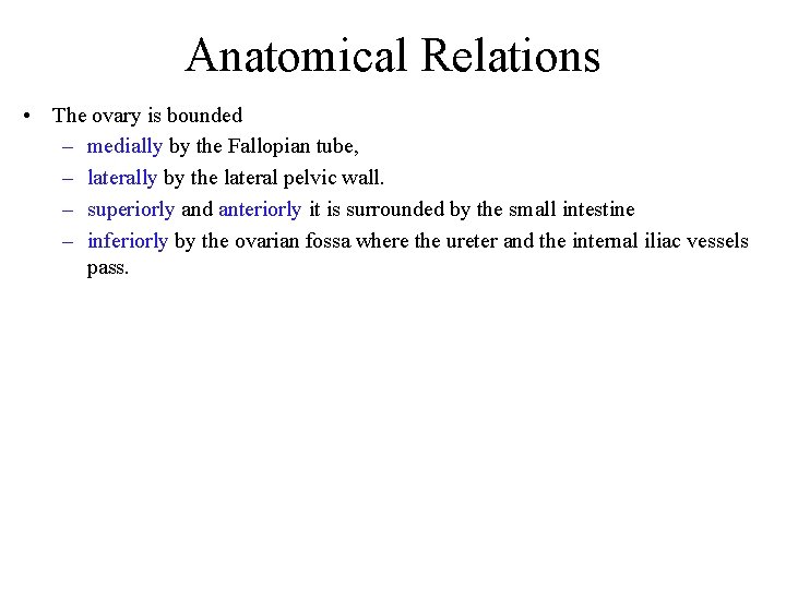 Anatomical Relations • The ovary is bounded – medially by the Fallopian tube, –