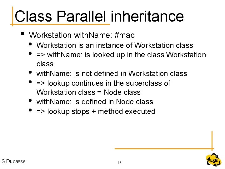 Class Parallel inheritance • Workstation with. Name: #mac • • • S. Ducasse Workstation