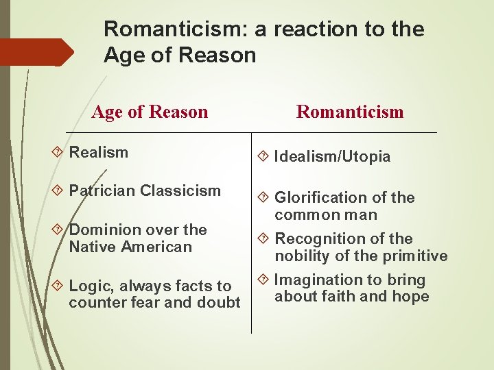 Romanticism: a reaction to the Age of Reason Realism Patrician Classicism Romanticism Idealism/Utopia Glorification