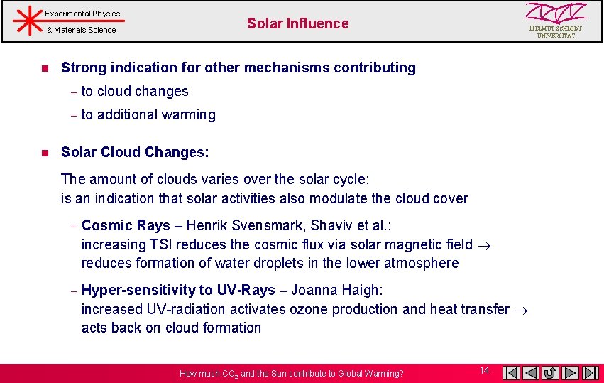 Experimental Physics Solar Influence & Materials Science n n HELMUT SCHMIDT UNIVERSITÄT Strong indication