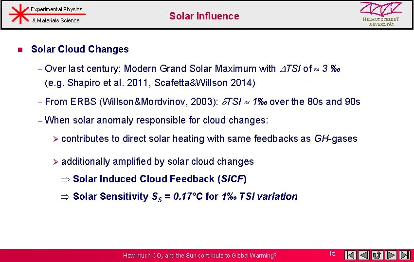 Experimental Physics Solar Influence & Materials Science n HELMUT SCHMIDT UNIVERSITÄT Solar Cloud Changes