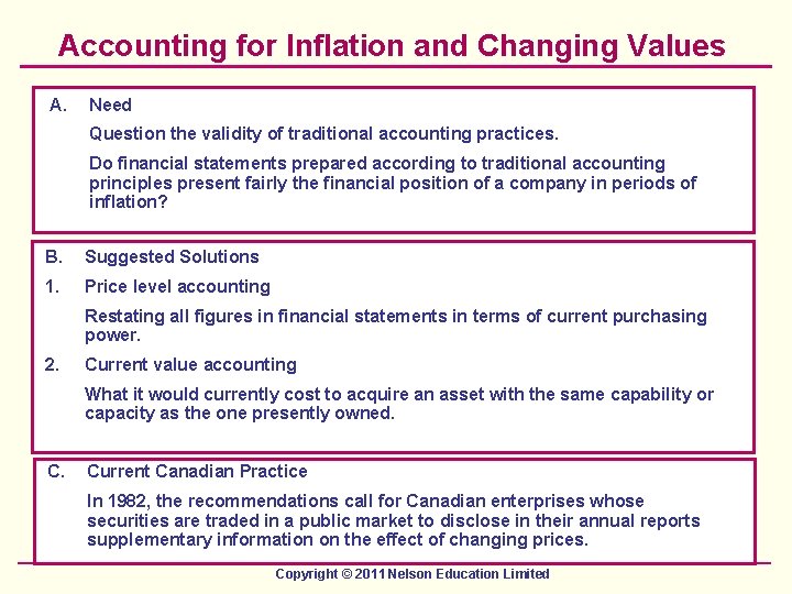 Accounting for Inflation and Changing Values A. Need Question the validity of traditional accounting