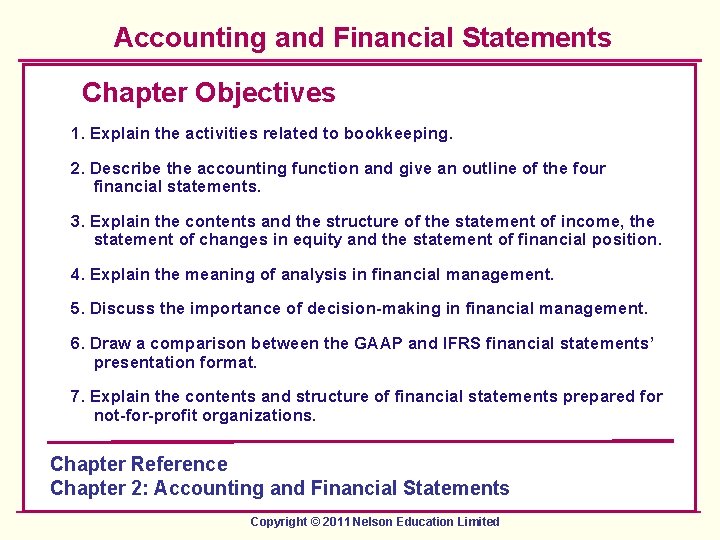 Accounting and Financial Statements Chapter Objectives 1. Explain the activities related to bookkeeping. 2.