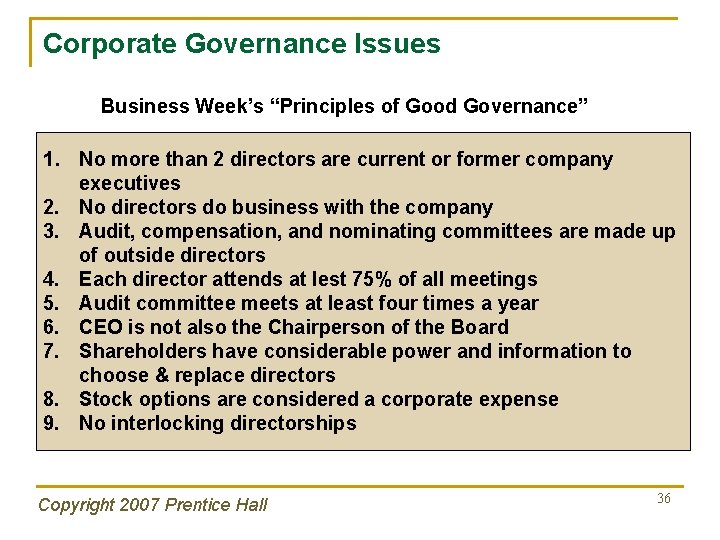 Corporate Governance Issues Business Week’s “Principles of Good Governance” 1. No more than 2