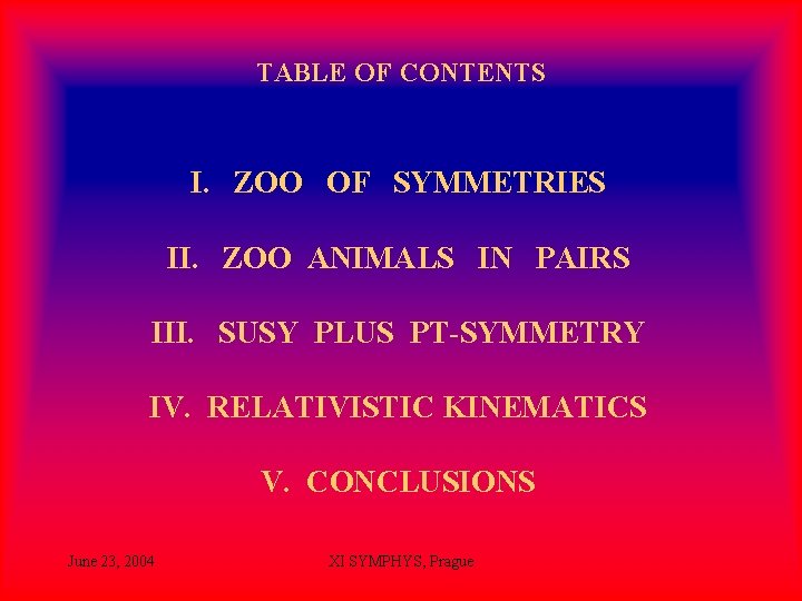 TABLE OF CONTENTS I. ZOO OF SYMMETRIES II. ZOO ANIMALS IN PAIRS III. SUSY