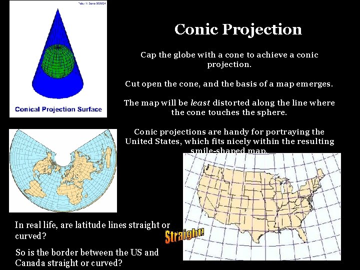 Conic Projection Cap the globe with a cone to achieve a conic projection. Cut