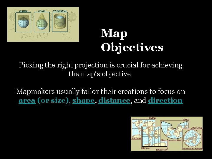 Map Objectives Picking the right projection is crucial for achieving the map’s objective. Mapmakers