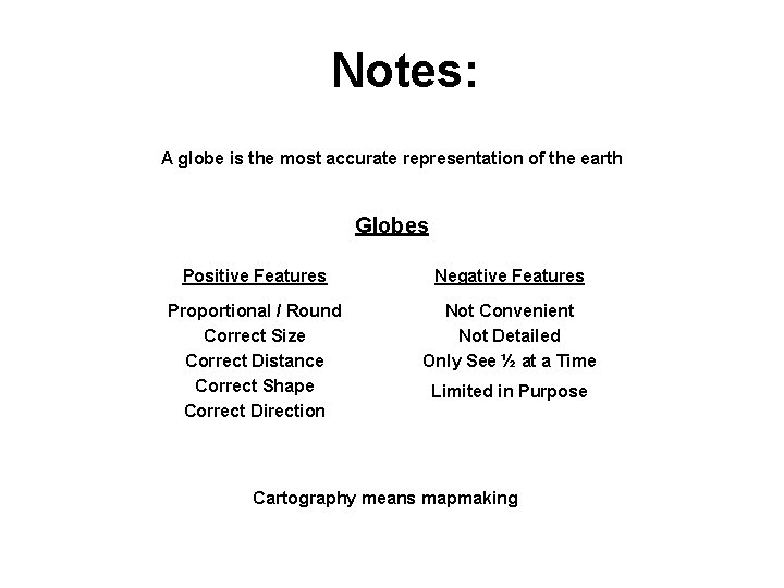 Notes: A globe is the most accurate representation of the earth Globes Positive Features