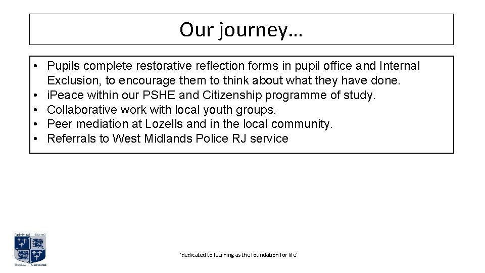 Our journey… • Pupils complete restorative reflection forms in pupil office and Internal Exclusion,