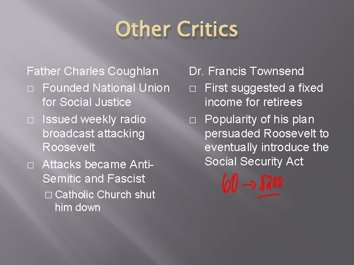 Other Critics Father Charles Coughlan � Founded National Union for Social Justice � Issued
