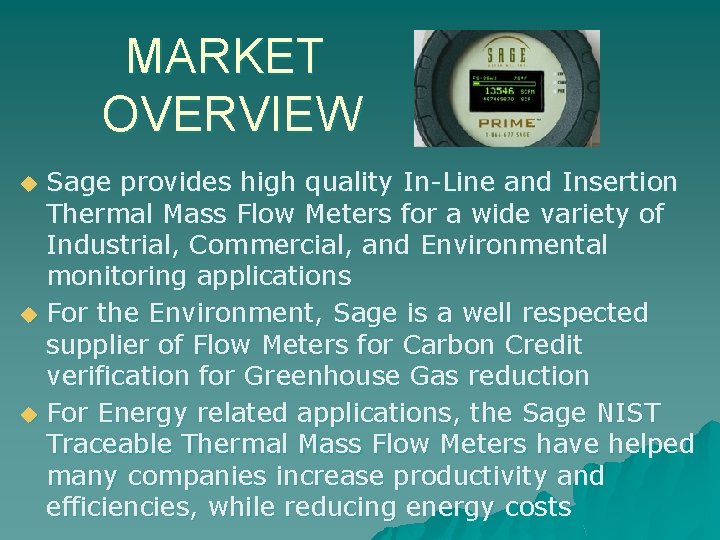 MARKET OVERVIEW u u u Sage provides high quality In-Line and Insertion Thermal Mass