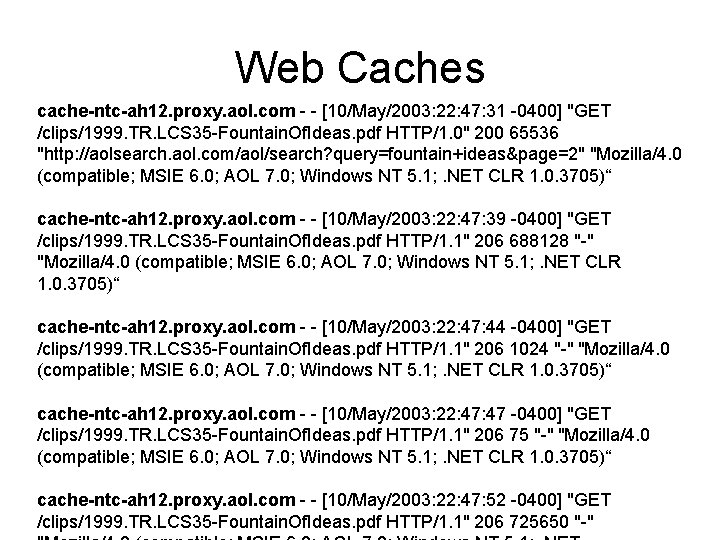 Web Caches cache-ntc-ah 12. proxy. aol. com - - [10/May/2003: 22: 47: 31 -0400]