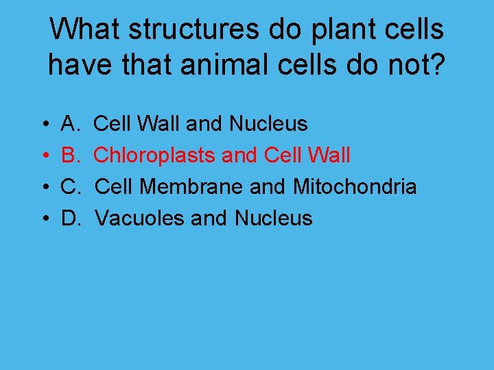 What structures do plant cells have that animal cells do not? • • A.