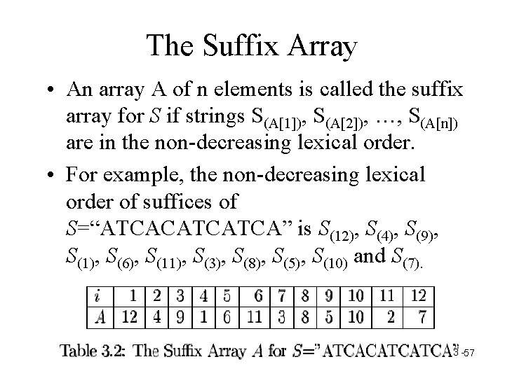 The Suffix Array • An array A of n elements is called the suffix