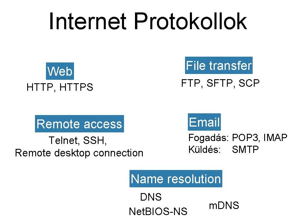 Internet Protokollok File transfer Web FTP, SCP HTTP, HTTPS Email Remote access Telnet, SSH,