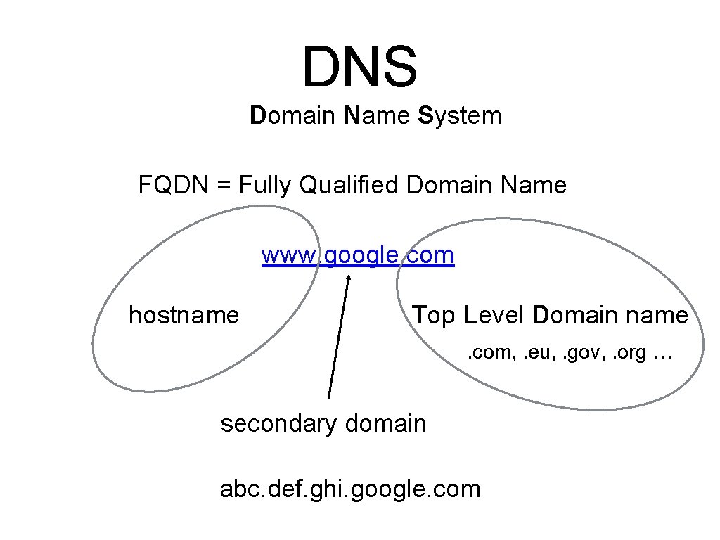 DNS Domain Name System FQDN = Fully Qualified Domain Name www. google. com hostname