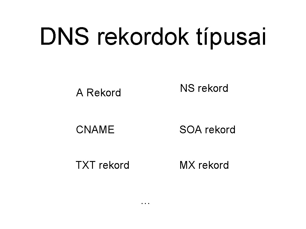 DNS rekordok típusai A Rekord NS rekord CNAME SOA rekord TXT rekord MX rekord