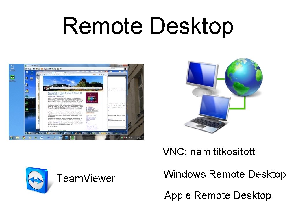 Remote Desktop VNC: nem titkosított Team. Viewer Windows Remote Desktop Apple Remote Desktop 