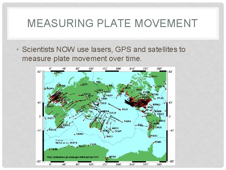 MEASURING PLATE MOVEMENT • Scientists NOW use lasers, GPS and satellites to measure plate