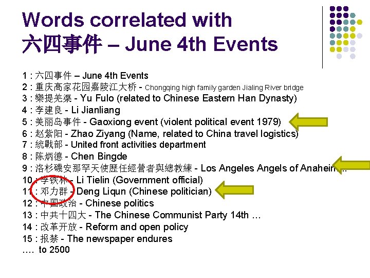 Words correlated with 六四事件 – June 4 th Events 1 : 六四事件 – June