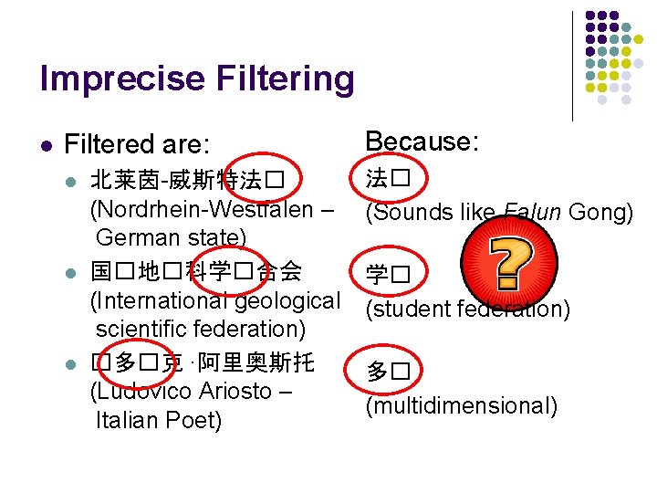 Imprecise Filtering l Filtered are: l l l 北莱茵-威斯特法� (Nordrhein-Westfalen – German state) 国�地�科学�合会