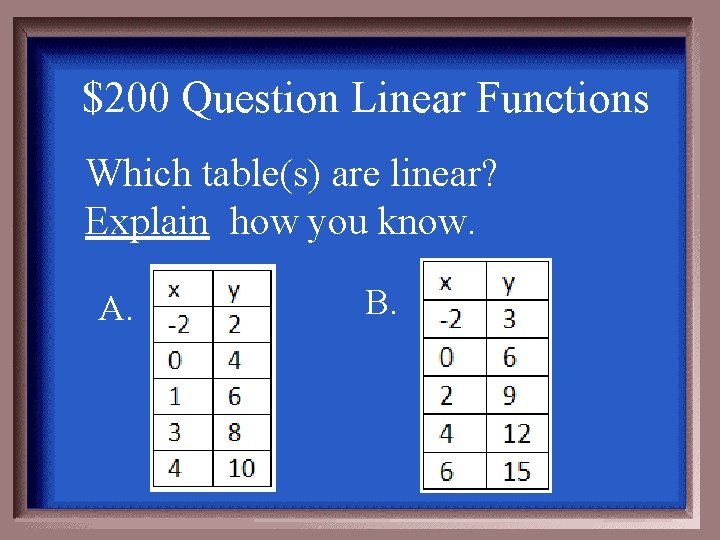 $200 Question Linear Functions Which table(s) are linear? Explain how you know. A. B.
