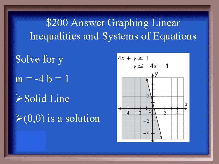 $200 Answer Graphing Linear Inequalities and Systems of Equations Solve for y m =
