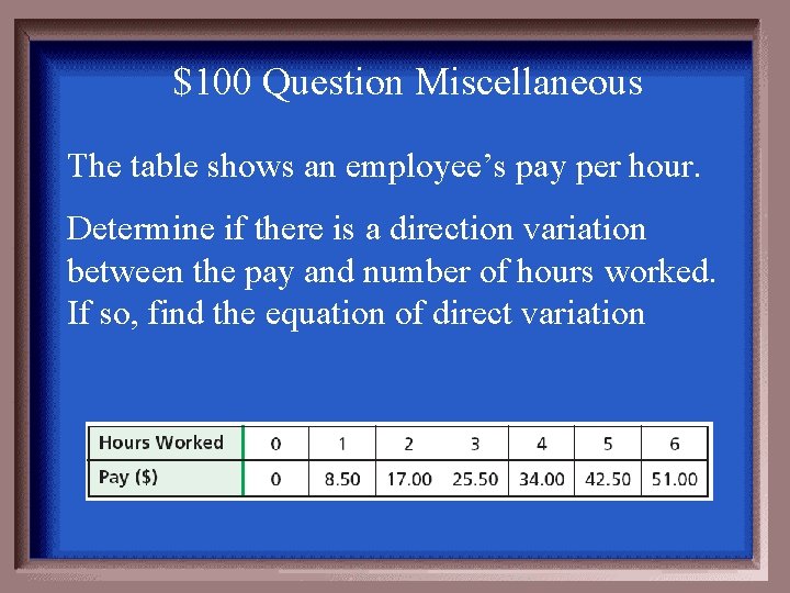 $100 Question Miscellaneous The table shows an employee’s pay per hour. Determine if there