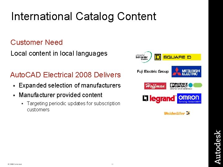 International Catalog Content Customer Need Local content in local languages Auto. CAD Electrical 2008