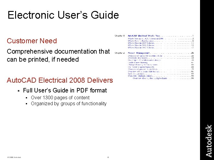 Electronic User’s Guide Customer Need Comprehensive documentation that can be printed, if needed Auto.