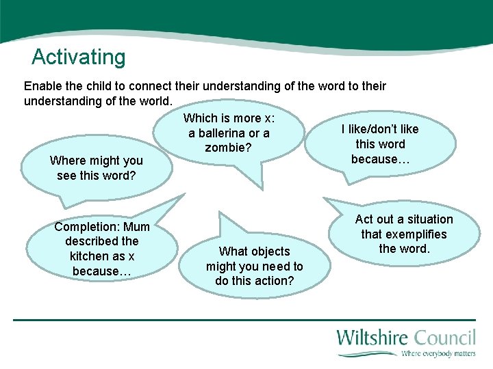 Activating Enable the child to connect their understanding of the word to their understanding